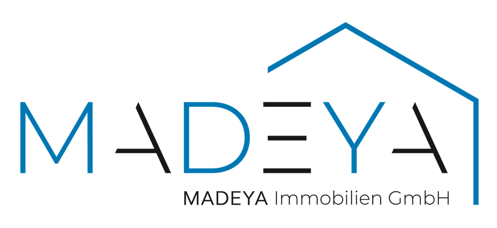 Madeya Immobilien Logo mit blauem Haus und Schrift in blau und schwarz