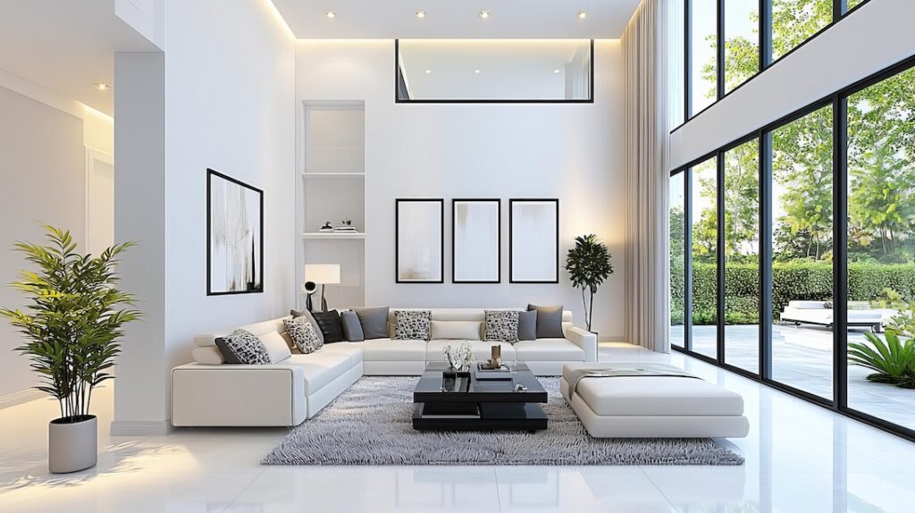 Luxus Wohnzimmer hell weiß, minimalistisch