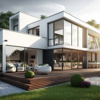 Exterior image of a new modern house with large windows with a garden in a rural area under the beautiful sky