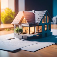 Real estate broker agent presenting and consult to customer to decision making sign insurance form agreement, buy and sell home model, concerning mortgage loan offer for and house insurance